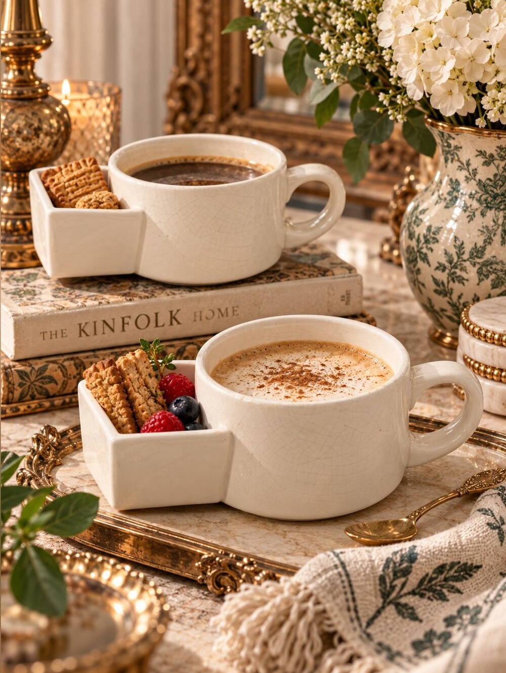 Vintage White Ceramic Mug Set of 2 Attached Snack Tray Tea Coffee Cups